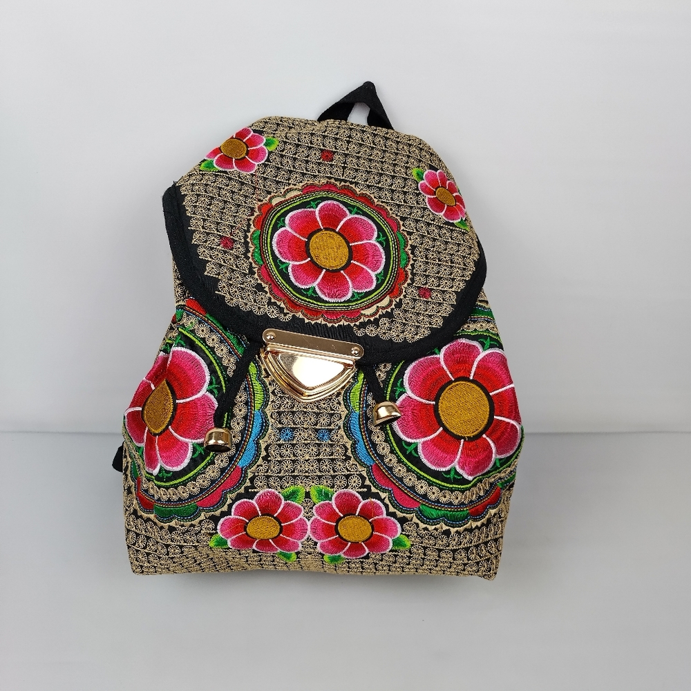 Embroidered mexican‎ floral multicolor handmade bagpack 100%mexican art dew - Picture 4 of 9